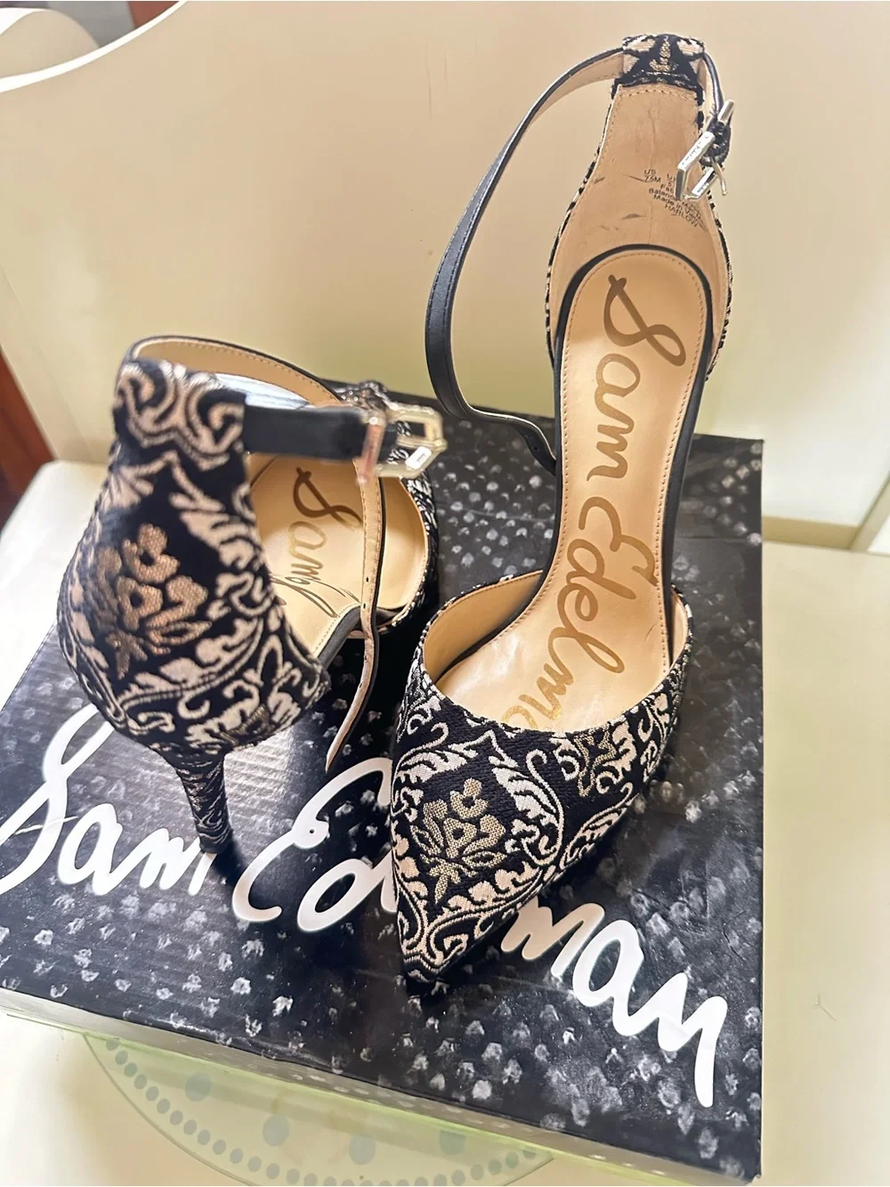 Sam Edelman Black and Cream Embroidered Pointed-Toe Ankle-Strap 3 inchesHeels